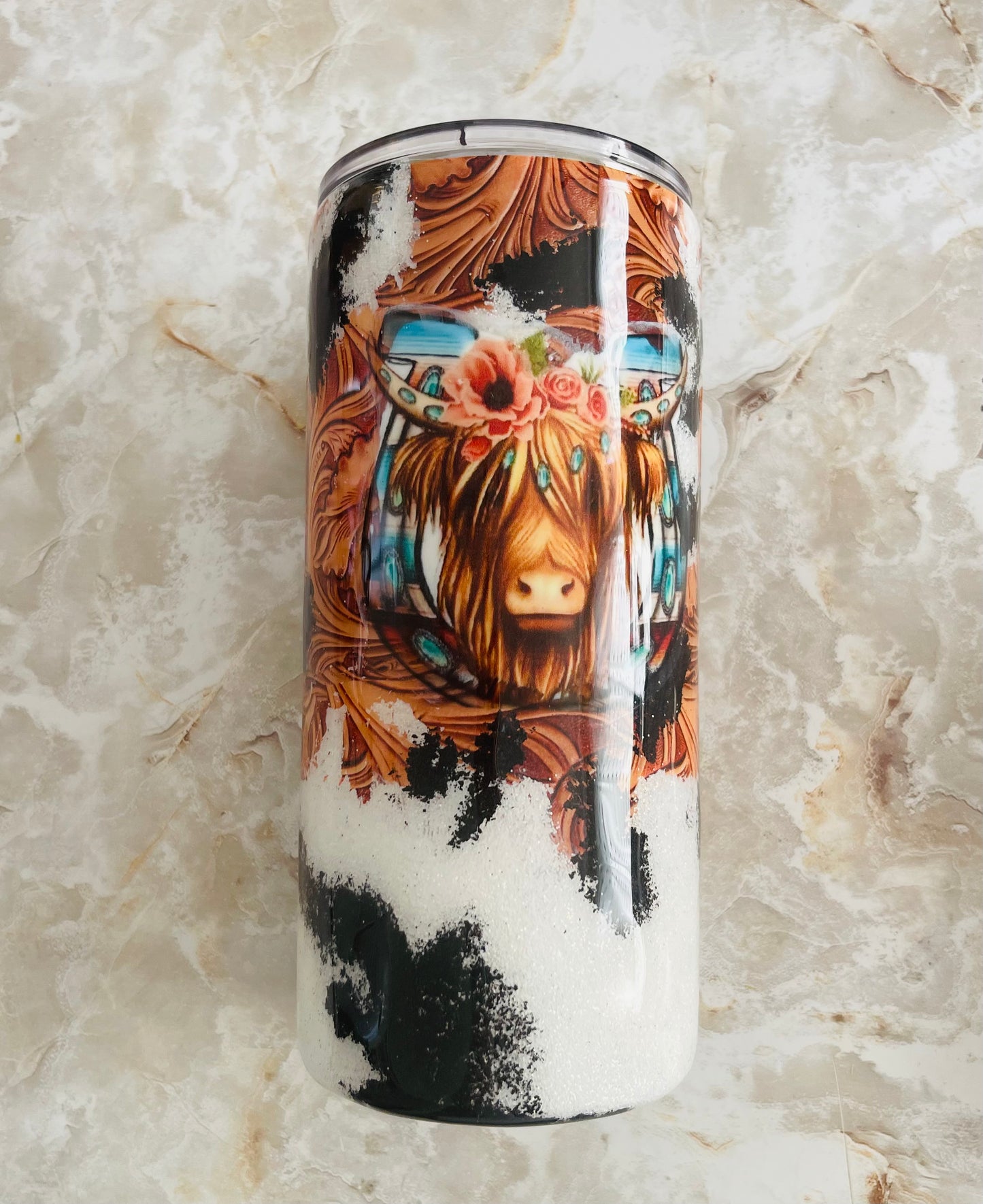 Cow print & tolled leather RTS Tumblers  and highland cow decal